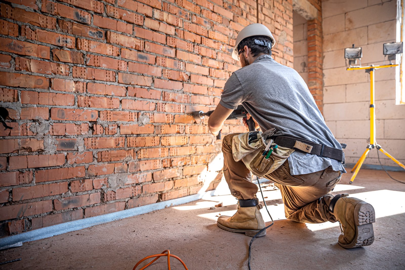 a builder works with a drill at a construction site.